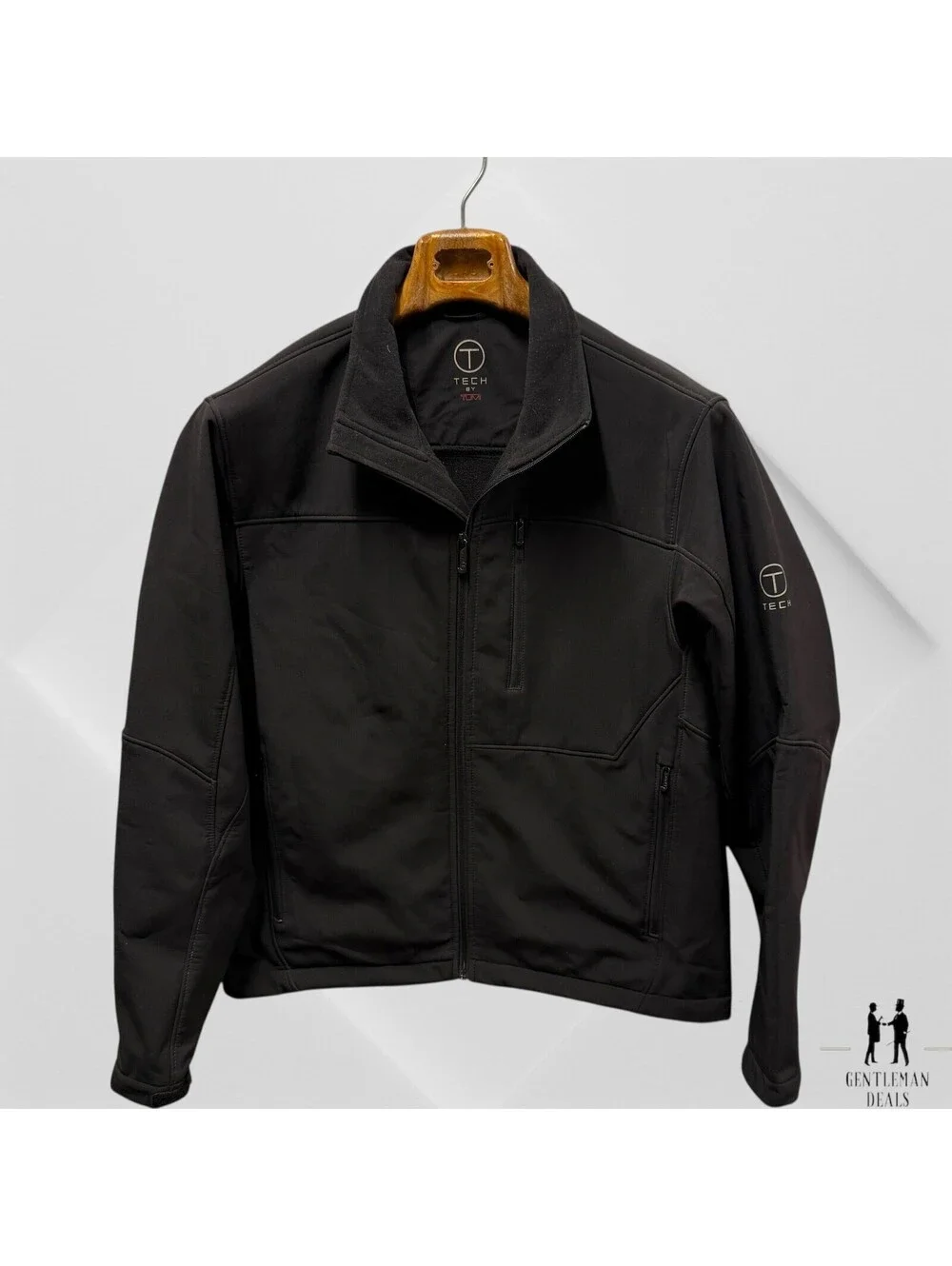 TUMI Tech Mens L Black Softshell Jacket Full Zip Windbreaker Outdoor Travel Coat
